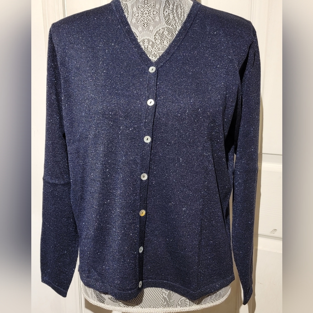 Kevo Silk Dark Blue Light Blue Sparkle 7 Button Womens Blouse Shirt New with Tag